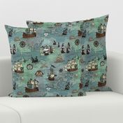 Pirate Ships Map Blue Small Repeat