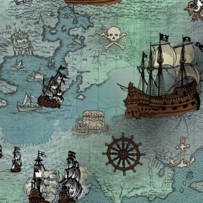 Pirate Ships Map Blue Small Repeat