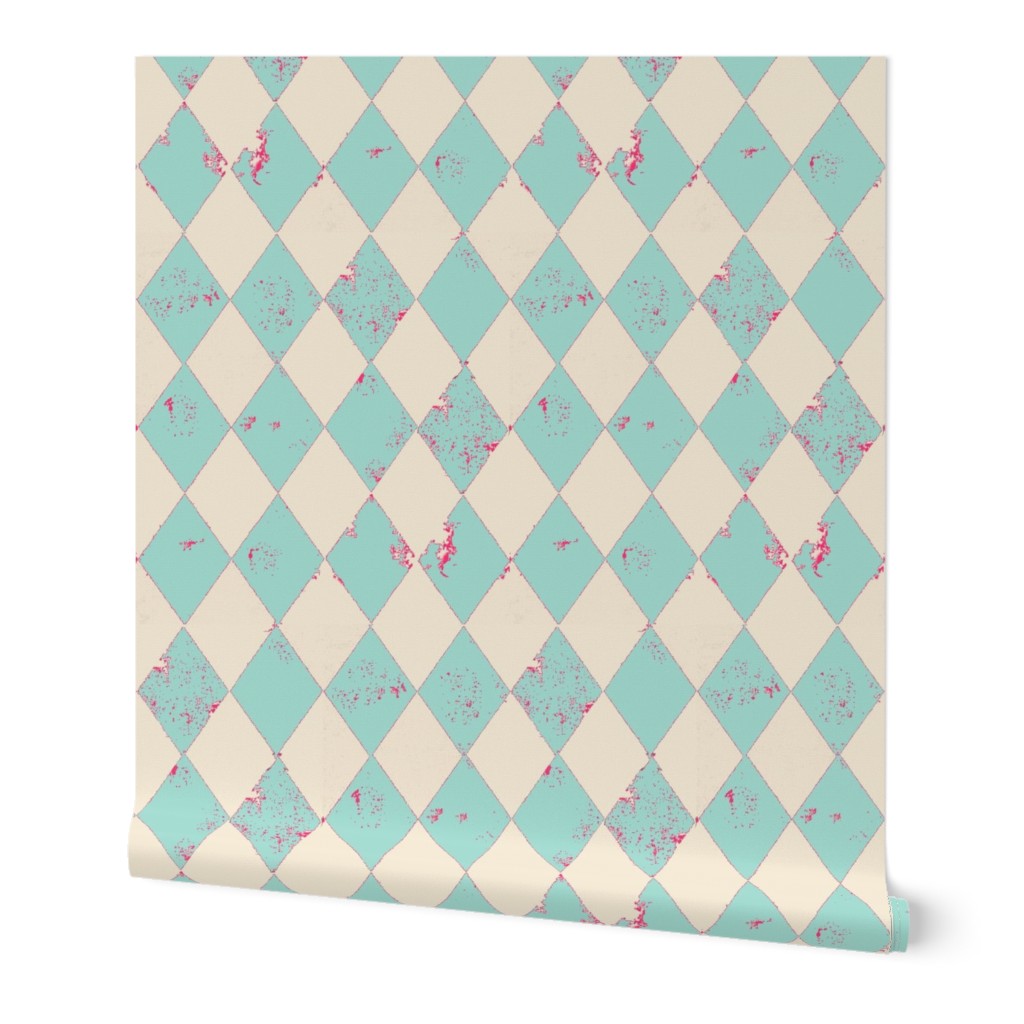 Mint and Cream Distressed Harlequin Diamond with Pink Flecks (2.67 inch diamonds)