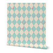 Mint and Cream Distressed Harlequin Diamond with Pink Flecks (2.67 inch diamonds)