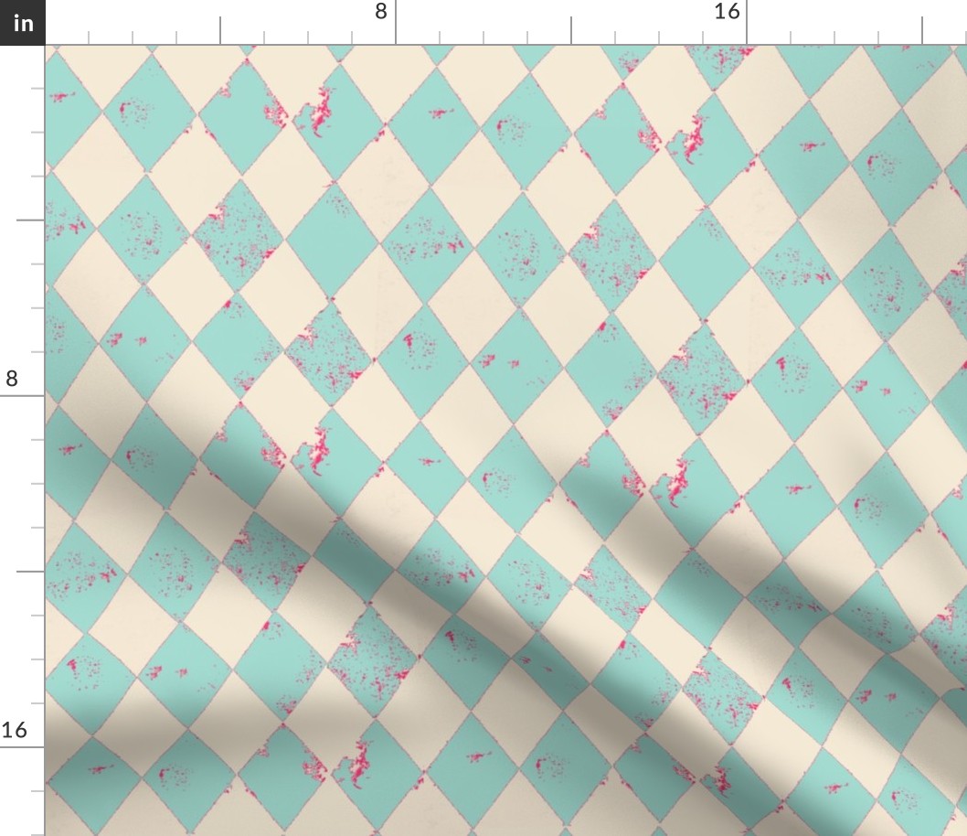 Mint and Cream Distressed Harlequin Diamond with Pink Flecks (2.67 inch diamonds)