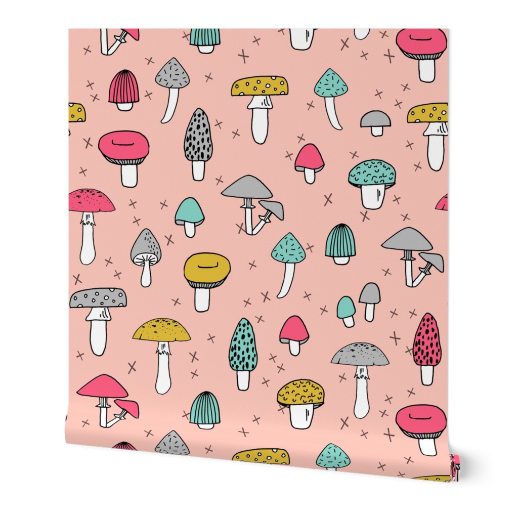 Mushrooms - Pale Pink background by Andrea Lauren 