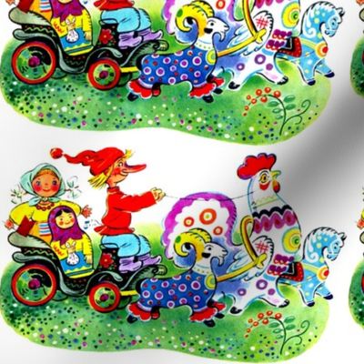 gnomes farmers peasants Matryoshka dolls carts wagons goats roosters horses colorful rainbow polka dots spots flowers rams russian vintage