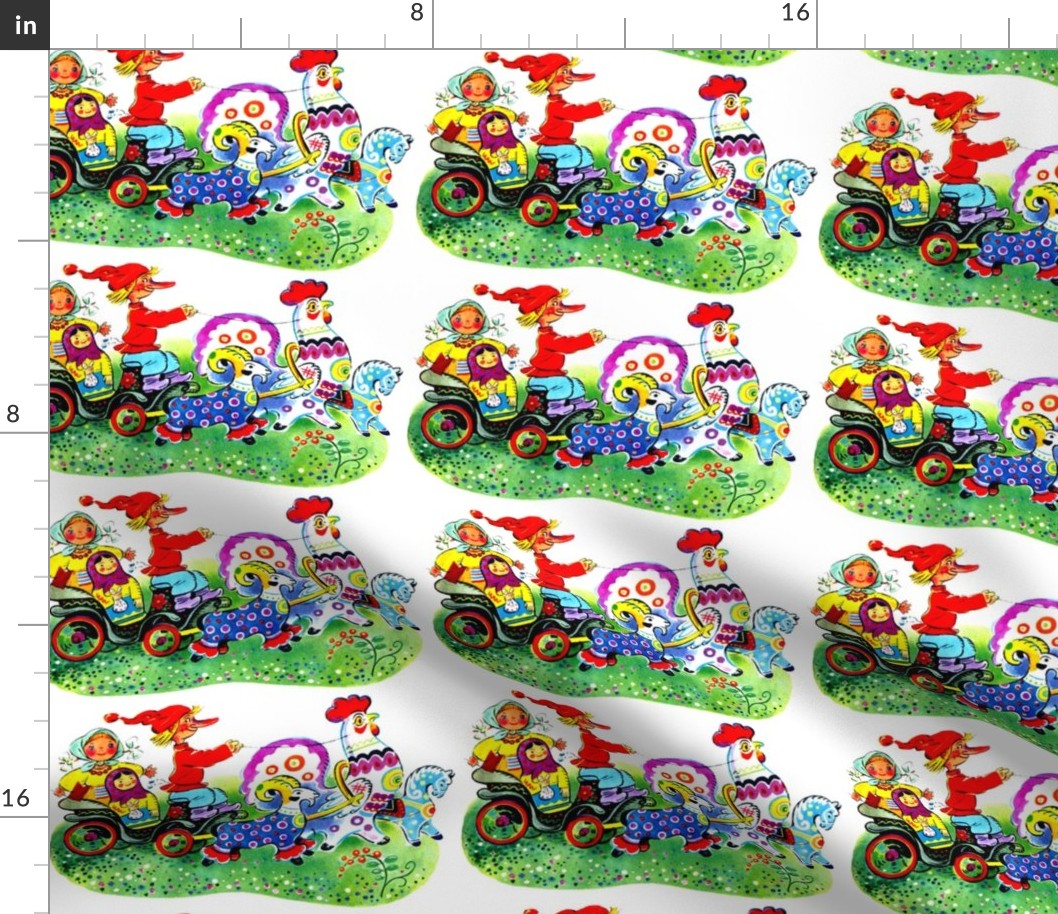 gnomes farmers peasants Matryoshka dolls carts wagons goats roosters horses colorful rainbow polka dots spots flowers rams russian vintage