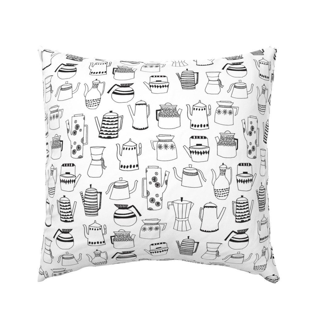 coffee pots // teapot coffee black and white hand-drawn coloring book illustration kitchen tea towel fabrics