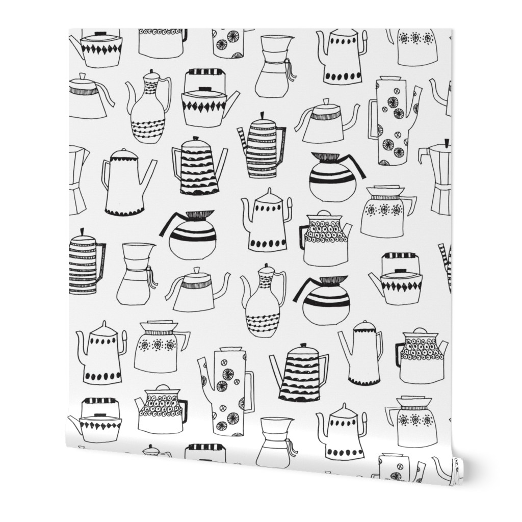 coffee pots // teapot coffee black and white hand-drawn coloring book illustration kitchen tea towel fabrics