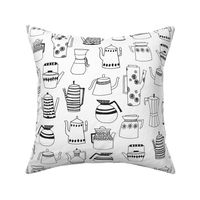 coffee pots // teapot coffee black and white hand-drawn coloring book illustration kitchen tea towel fabrics