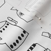 coffee pots // teapot coffee black and white hand-drawn coloring book illustration kitchen tea towel fabrics