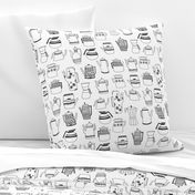 coffee pots // teapot coffee black and white hand-drawn coloring book illustration kitchen tea towel fabrics