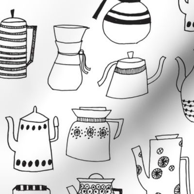 coffee pots // teapot coffee black and white hand-drawn coloring book illustration kitchen tea towel fabrics