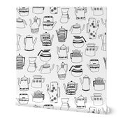 coffee pots // teapot coffee black and white hand-drawn coloring book illustration kitchen tea towel fabrics