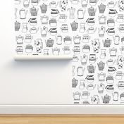 coffee pots // teapot coffee black and white hand-drawn coloring book illustration kitchen tea towel fabrics