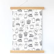 coffee pots // teapot coffee black and white hand-drawn coloring book illustration kitchen tea towel fabrics