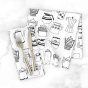 coffee pots // teapot coffee black and white hand-drawn coloring book illustration kitchen tea towel fabrics