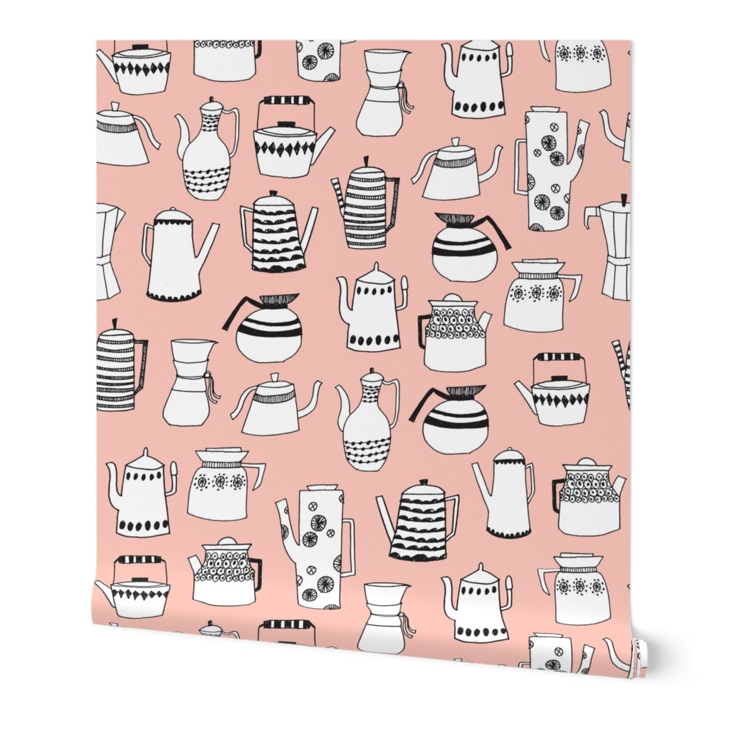 teapot // coffee pot tea hand-drawn illustration pink kitchen towel tea towel fabric