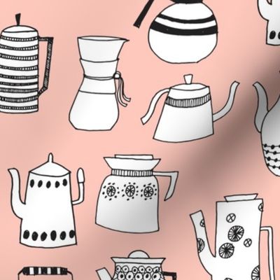 teapot // coffee pot tea hand-drawn illustration pink kitchen towel tea towel fabric