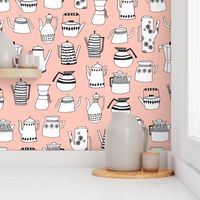 teapot // coffee pot tea hand-drawn illustration pink kitchen towel tea towel fabric
