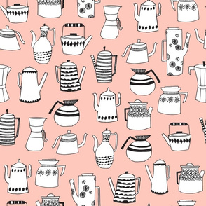 teapot // coffee pot tea hand-drawn illustration pink kitchen towel tea towel fabric