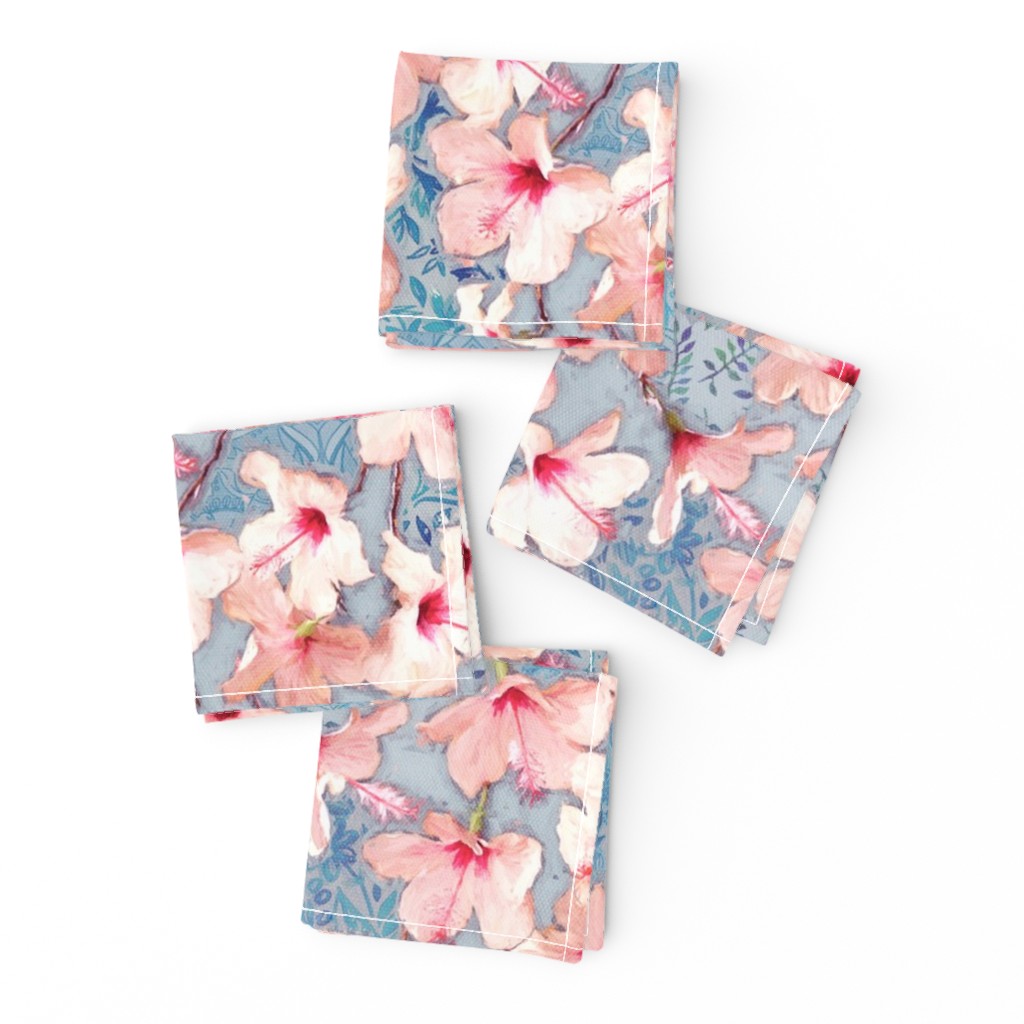 Shabby Chic Painted Hibiscus Pattern - pink & blue