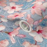 Shabby Chic Painted Hibiscus Pattern - pink & blue