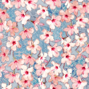 Shabby Chic Painted Hibiscus Pattern - pink & blue