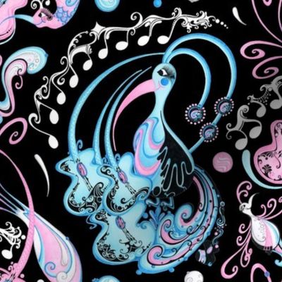 Guitar Beaks, Musical Birds- Music Notes- Black Background- Light Blue, Light Pink, Pastel