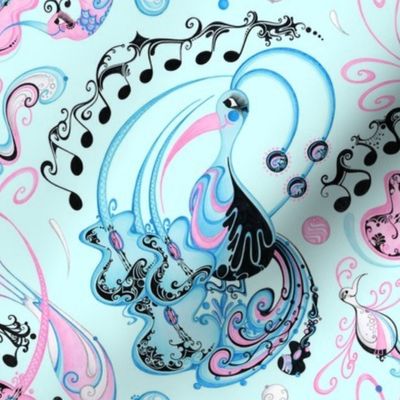 Guitar Beaks, Musical Birds- Music Notes- Light Blue Background- Light Pink, Pastel