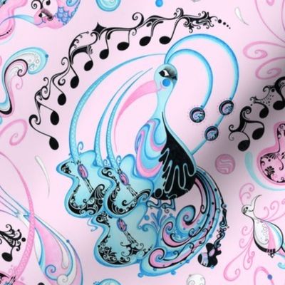 Guitar Beaks, Musical Birds- Music Notes- Light Pink Background- Light Blue, Pastel