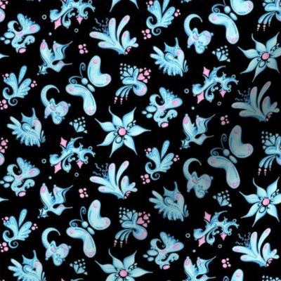 Blue Designs- Small- Black Background- Swirly Shapes Designs