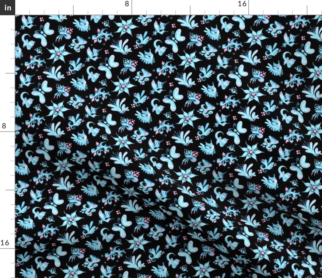 Blue Designs- Small- Black Background- Swirly Shapes Designs