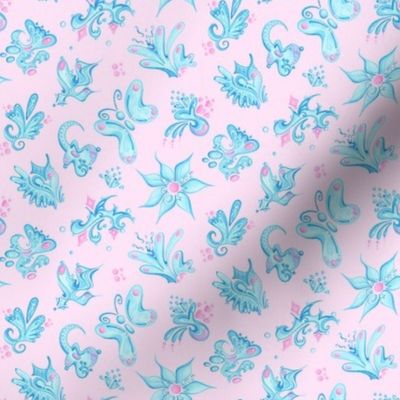 Blue Designs- Small- Pink Background- Swirly Shapes Designs