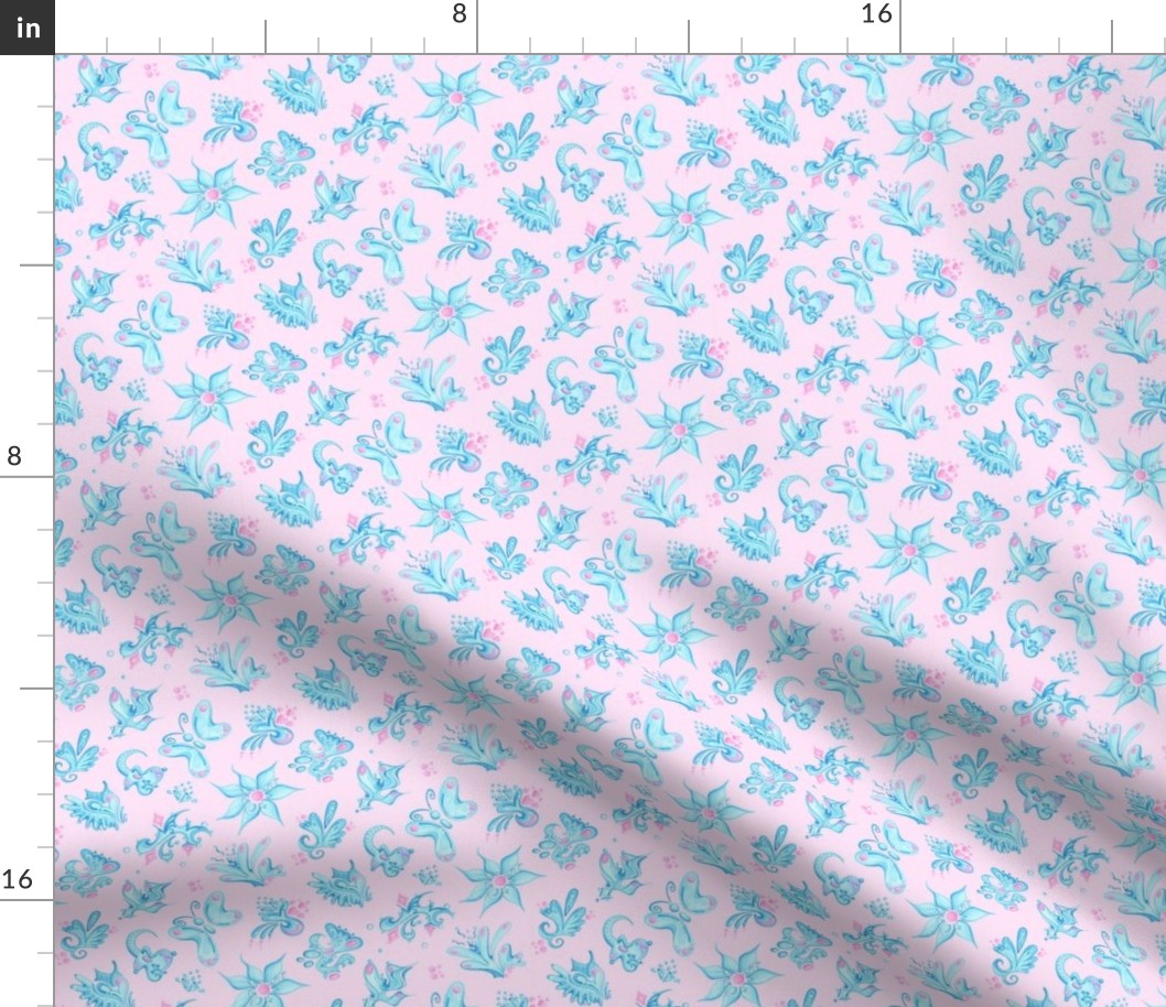 Blue Designs- Small- Pink Background- Swirly Shapes Designs