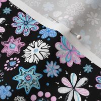 Ornate Flowers- Small- Black Background- Blue Black Pink Swirly Flowers Pastel Designs