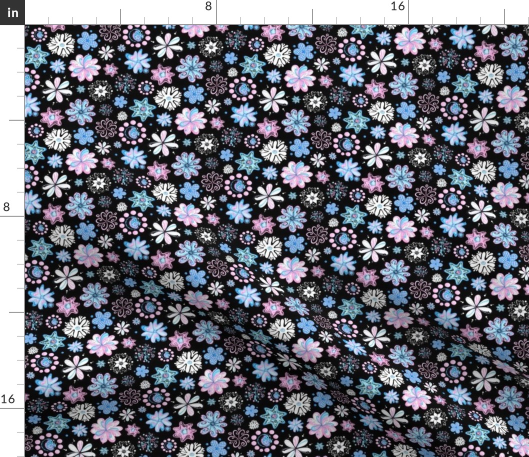 Ornate Flowers- Small- Black Background- Blue Black Pink Swirly Flowers Pastel Designs
