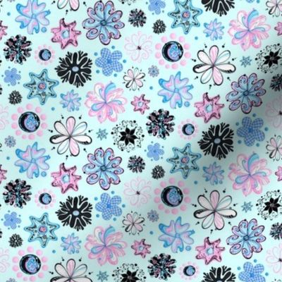Ornate Flowers- Small- Light Blue Background- Blue Black Pink Swirly Flowers Pastel Designs