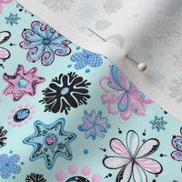 Ornate Flowers- Small- Light Blue Background- Blue Black Pink Swirly Flowers Pastel Designs