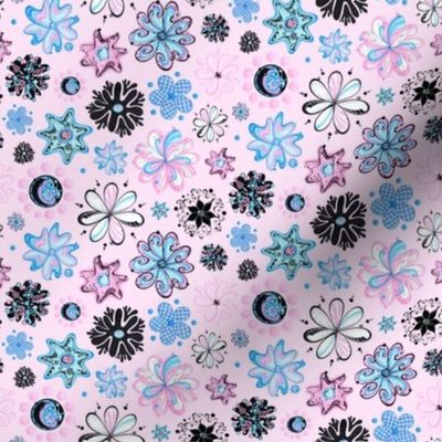 Ornate Flowers- Small- Pink Background- Blue Black Swirly Flowers, Designs
