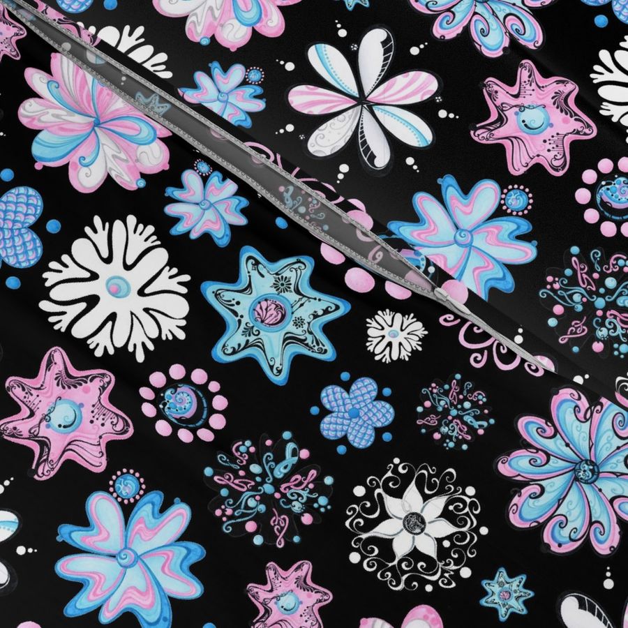 Ornate Flowers- Large- Black Background- Blue Black Pink Pastel Swirly Flowers, Designs