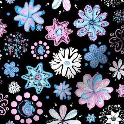 Ornate Flowers- Large- Black Background- Blue Black Pink Pastel Swirly Flowers, Designs
