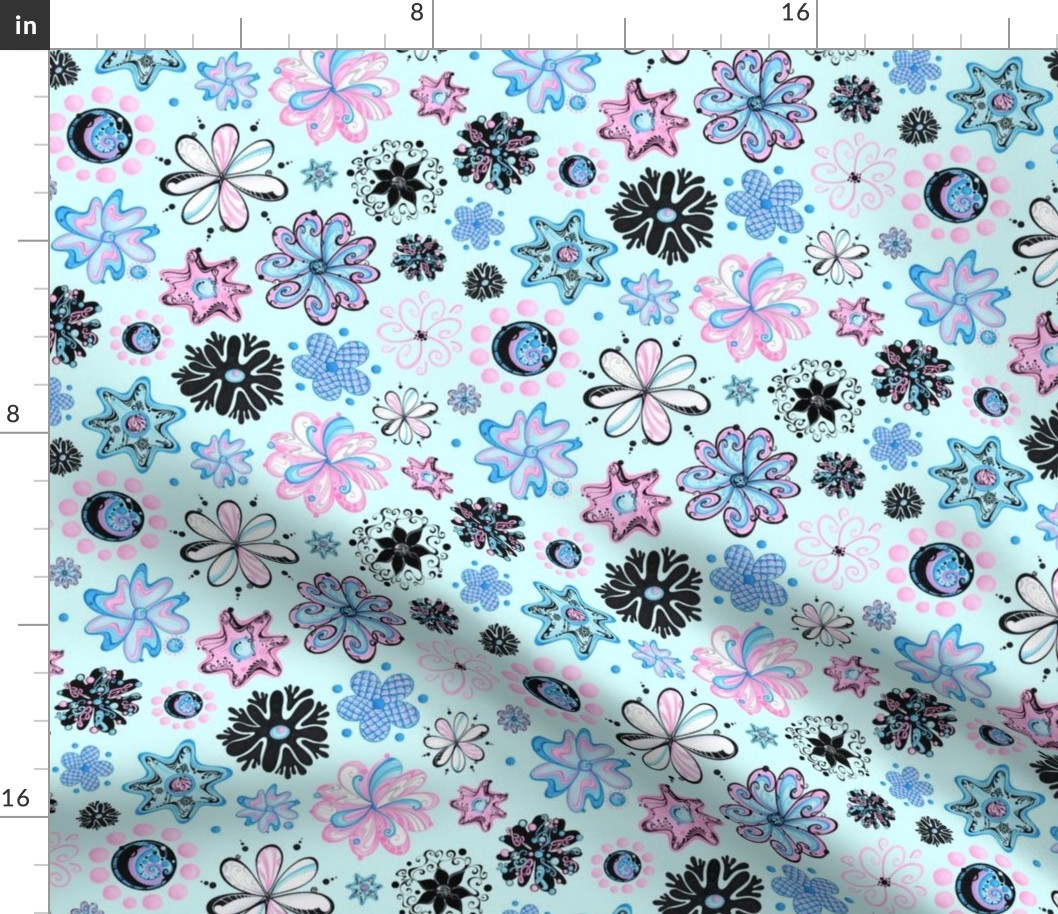 Ornate Flowers- Large- Light Blue Background- Pink Blue Black Swirly Flowers, Designs