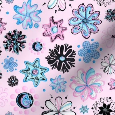 Ornate Flowers- Large- Pink Background- Blue Black Swirly Flowers, Designs