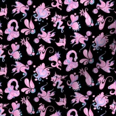 Pink Designs- Small- Black Background- Swirly Intricate Shapes