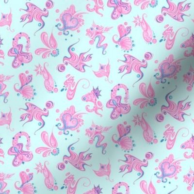 Pink Designs- Small- Light Blue Background- Swirly Intricate 