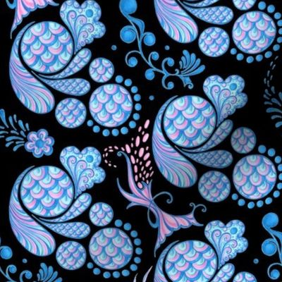 Scales- Small- Black Background- Blue Pink Pastel Designs