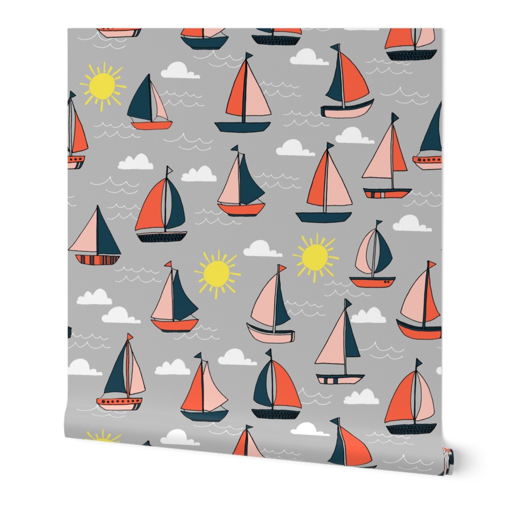 Sailboats - Grey/Pale Pink/ Maize Yellow/ Coral by Andrea Lauren