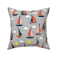 Sailboats - Grey/Pale Pink/ Maize Yellow/ Coral by Andrea Lauren