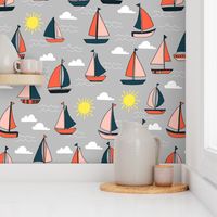 Sailboats - Grey/Pale Pink/ Maize Yellow/ Coral by Andrea Lauren