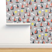 Sailboats - Grey/Pale Pink/ Maize Yellow/ Coral by Andrea Lauren