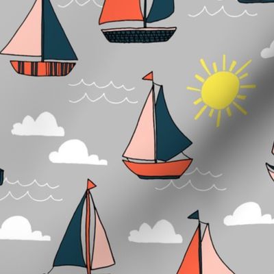 Sailboats - Grey/Pale Pink/ Maize Yellow/ Coral by Andrea Lauren