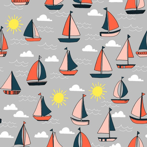 Sailboats - Grey/Pale Pink/ Maize Yellow/ Coral by Andrea Lauren